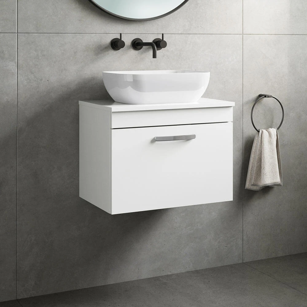 Emily 600mm Wall Mounted 1 Drawer Unit And Countertop - Gloss White - Hudson Reed Rectangular Countertop Basin 2 Emily 600mm Wall Mounted 1 Drawer Unit And Countertop - Gloss White - Hudson Reed Rectangular Countertop Basin - Image 2