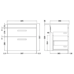 Emily 600mm Wall Mounted 2 Drawer Unit And Countertop - Natural Oak - Hudson Reed Rectangular Countertop Basin -Vado Shop emily 600 wall 2 drawer unit countertop technical