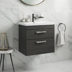 Emily 600mm Wall Mounted 2 Drawer Vanity Unit & Mid-Edged Basin - Hacienda Black 11 Emily 600mm Wall Mounted 2 Drawer Vanity Unit & Mid-Edged Basin - Hacienda Black -Vado Shop emily 600 wall 2drawer vanity unit basin black