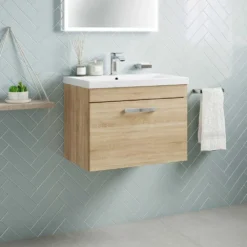 Emily 600mm Wall Mounted 1 Drawer Vanity Unit & Mid-Edged Basin - Natural Oak -Vado Shop emily 600mm wall 1 drawer vanity unit natural oak