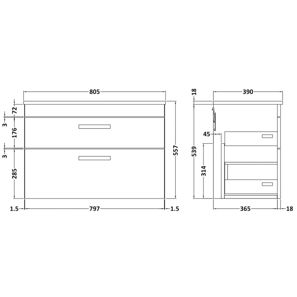 Emily 800mm Wall Mounted 2 Drawer Unit And Countertop - Gloss White - No Basin 11 Emily 800mm Wall Mounted 2 Drawer Unit And Countertop - Gloss White - No Basin - Image 11