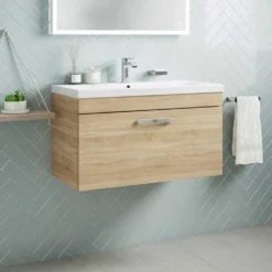 Emily 800mm Wall Mounted 1 Drawer Vanity Unit & Mid-Edged Basin - Gloss White -Vado Shop emily 800mm wall 1 drawer vanity unit natural oak