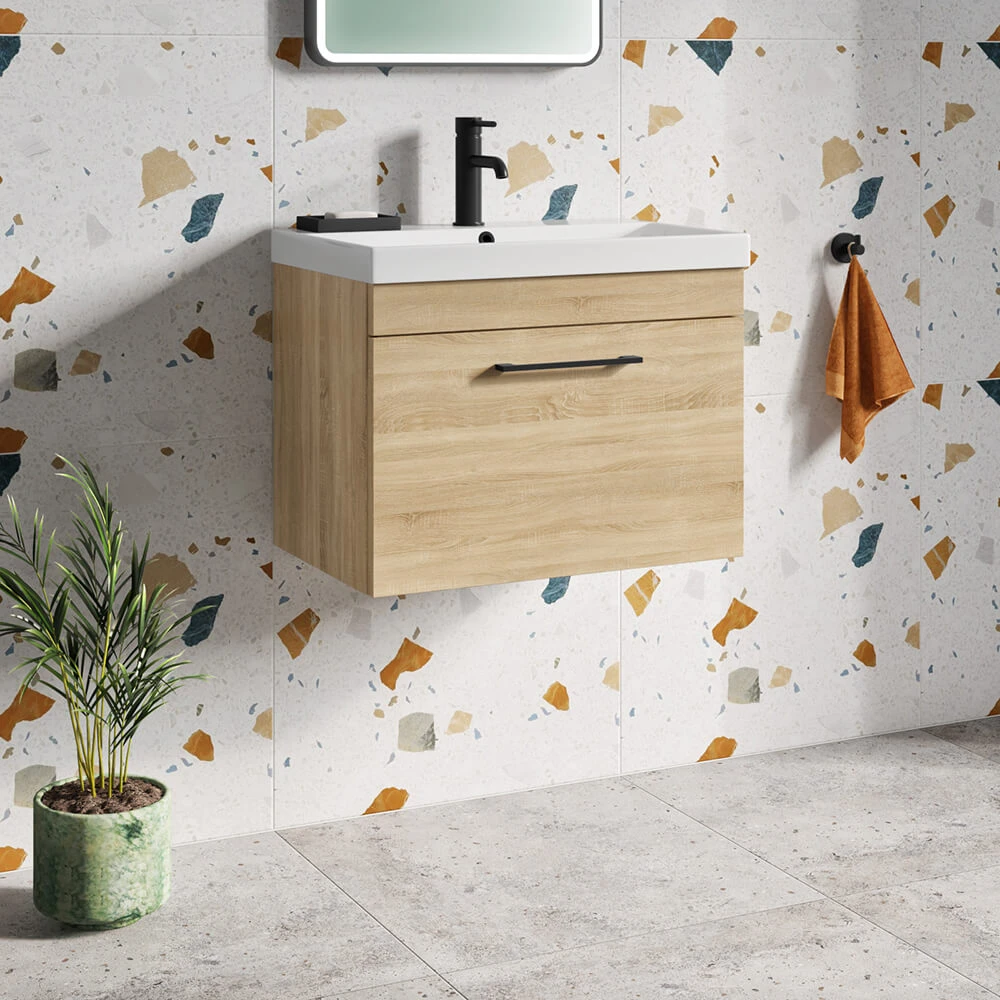 Emily 500mm Natural Oak Wall Mounted 1 Drawer Vanity Unit, Thin-Edged Basin, Matt Black Handle & Overflow 1 Emily 500mm Natural Oak Wall Mounted 1 Drawer Vanity Unit, Thin-Edged Basin, Matt Black Handle & Overflow