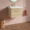 Emily 600mm Natural Oak Wall Mounted 1 Drawer Vanity Unit, Thin-Edged Basin, Brushed Brass Handle & Overflow