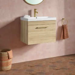 Emily 600mm Natural Oak Wall Mounted 1 Drawer Vanity Unit, Thin-Edged Basin, Brushed Brass Handle & Overflow