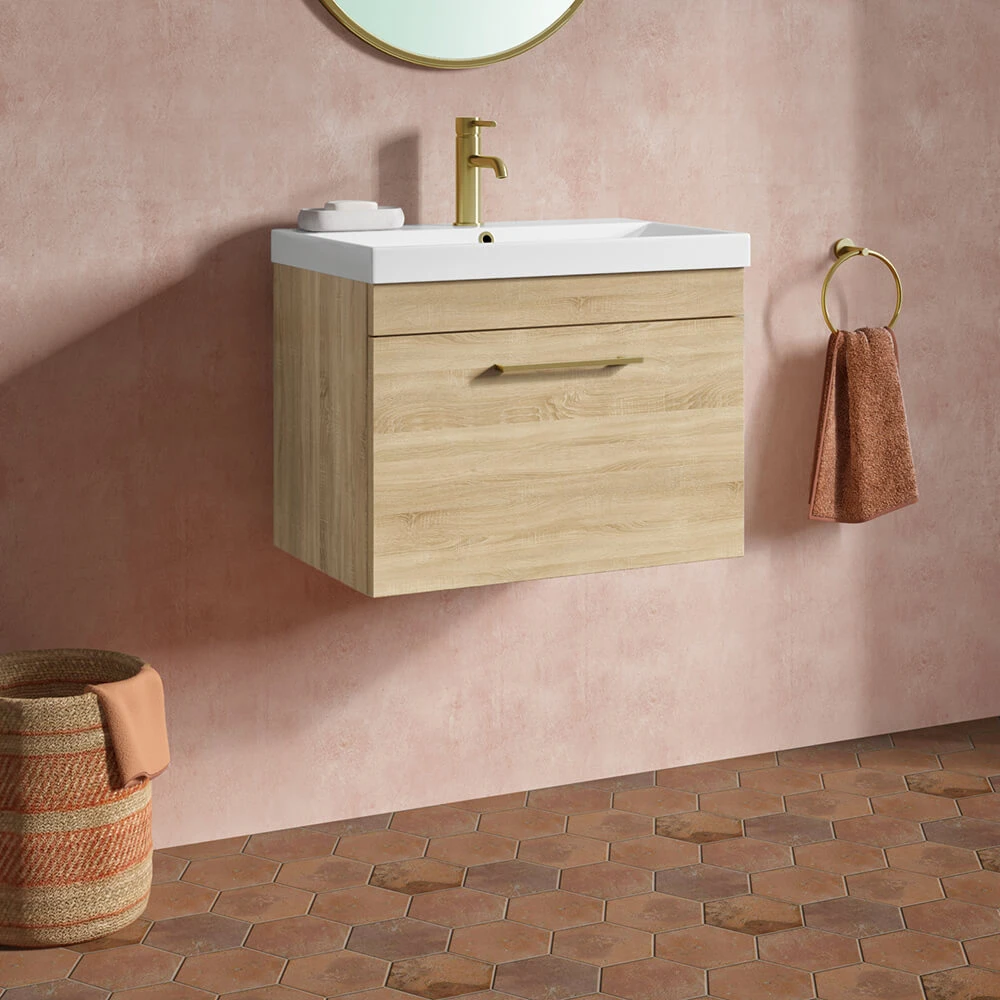 Emily 600mm Natural Oak Wall Mounted 1 Drawer Vanity Unit, Thin-Edged Basin, Brushed Brass Handle & Overflow 1 Emily 600mm Natural Oak Wall Mounted 1 Drawer Vanity Unit, Thin-Edged Basin, Brushed Brass Handle & Overflow