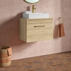 Emily 500mm Natural Oak Wall Mounted 1 Drawer Vanity Unit With Brushed Brass Handle And Hudson Reed Round Countertop Basin