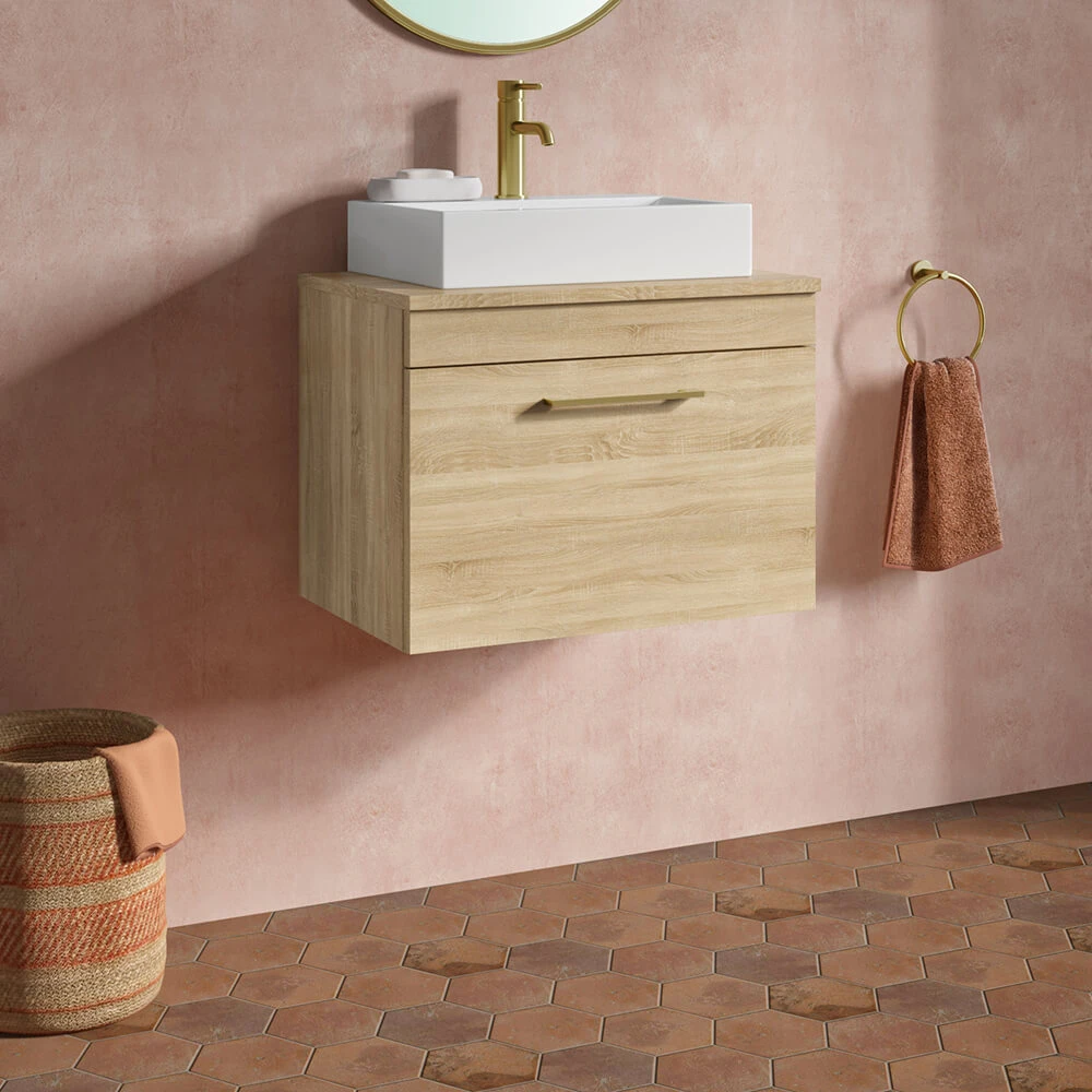 Emily 500mm Natural Oak Wall Mounted 1 Drawer Vanity Unit With Brushed Brass Handle And Hudson Reed Round Countertop Basin 1 Emily 500mm Natural Oak Wall Mounted 1 Drawer Vanity Unit With Brushed Brass Handle And Hudson Reed Round Countertop Basin