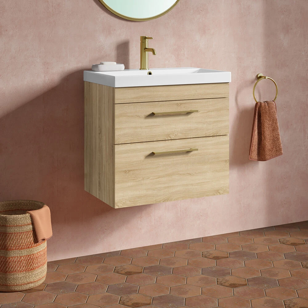 Emily 600mm Natural Oak Wall Mounted 2 Drawer Vanity Unit, Thin-Edged Basin, Brushed Brass Handles & Overflow 1 Emily 600mm Natural Oak Wall Mounted 2 Drawer Vanity Unit, Thin-Edged Basin, Brushed Brass Handles & Overflow