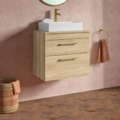 Emily 600mm Natural Oak Wall Mounted 2 Drawer Vanity Unit With Brushed Brass Handles And Hudson Reed Rectangular Countertop Basin
