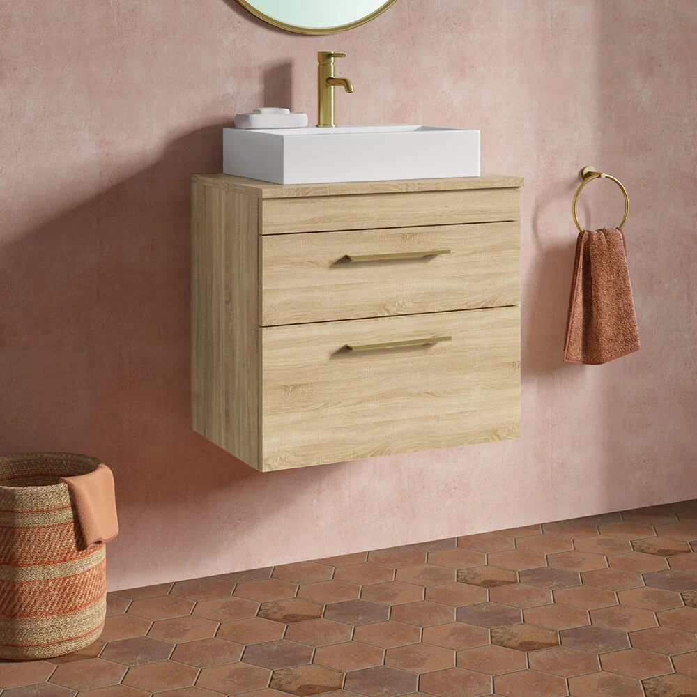 Emily 600mm Natural Oak Wall Mounted 2 Drawer Vanity Unit With Brushed Brass Handles And Hudson Reed Rectangular Countertop Basin 1 Emily 600mm Natural Oak Wall Mounted 2 Drawer Vanity Unit With Brushed Brass Handles And Hudson Reed Rectangular Countertop Basin