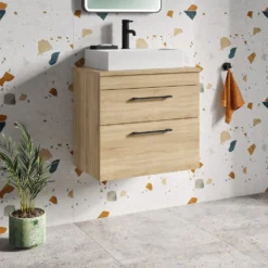 Emily 600mm Natural Oak Wall Mounted 2 Drawer Vanity Unit With Matt Black Handles And Hudson Reed Rectangular Countertop Basin