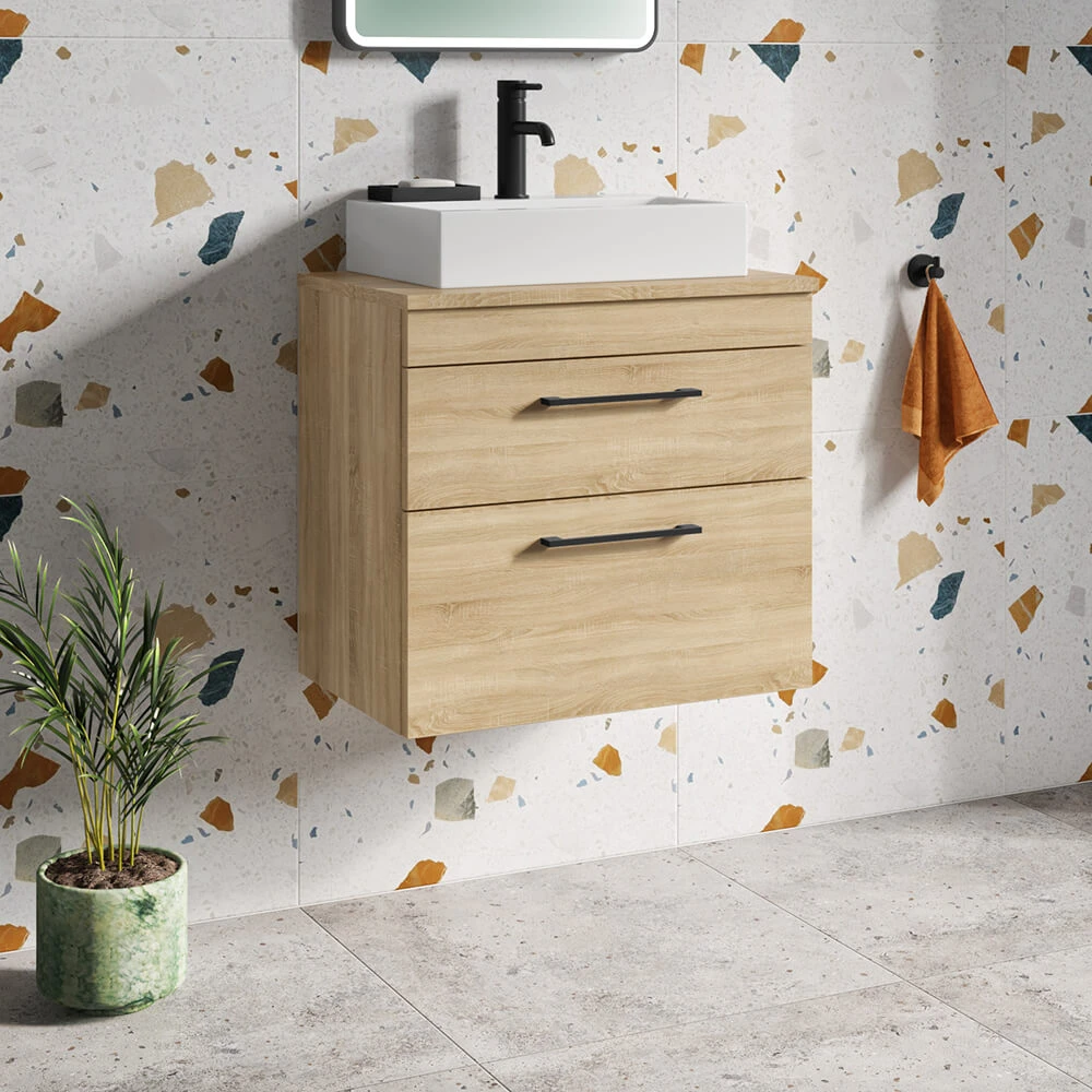 Emily 600mm Natural Oak Wall Mounted 2 Drawer Vanity Unit With Matt Black Handles And Hudson Reed Rectangular Countertop Basin 1 Emily 600mm Natural Oak Wall Mounted 2 Drawer Vanity Unit With Matt Black Handles And Hudson Reed Rectangular Countertop Basin