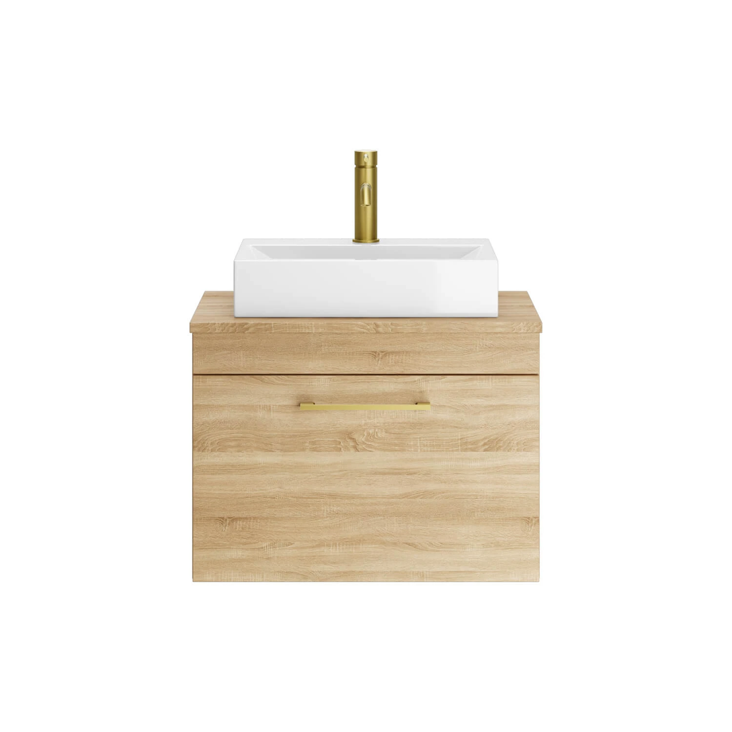 Emily 500mm Natural Oak Wall Mounted 1 Drawer Vanity Unit With Brushed Brass Handle And Hudson Reed Round Countertop Basin 2 Emily 500mm Natural Oak Wall Mounted 1 Drawer Vanity Unit With Brushed Brass Handle And Hudson Reed Round Countertop Basin - Image 2