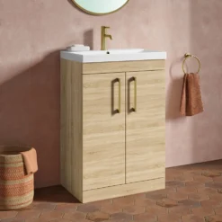 Emily 600mm Natural Oak Floorstanding 2 Door Vanity Unit, Thin-Edged Basin, Brushed Brass Handles & Overflow