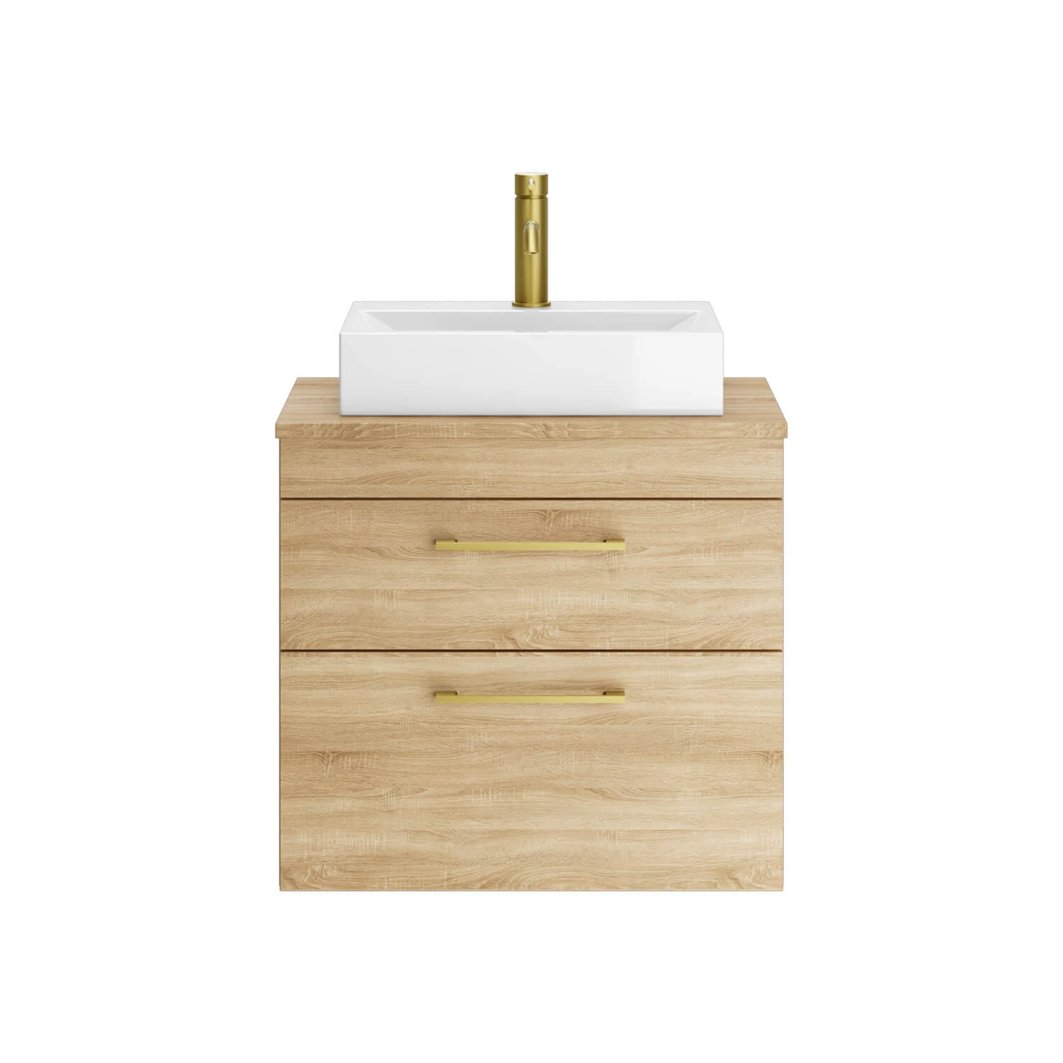 Emily 600mm Natural Oak Wall Mounted 2 Drawer Vanity Unit With Brushed Brass Handles And Hudson Reed Rectangular Countertop Basin 2 Emily 600mm Natural Oak Wall Mounted 2 Drawer Vanity Unit With Brushed Brass Handles And Hudson Reed Rectangular Countertop Basin - Image 2