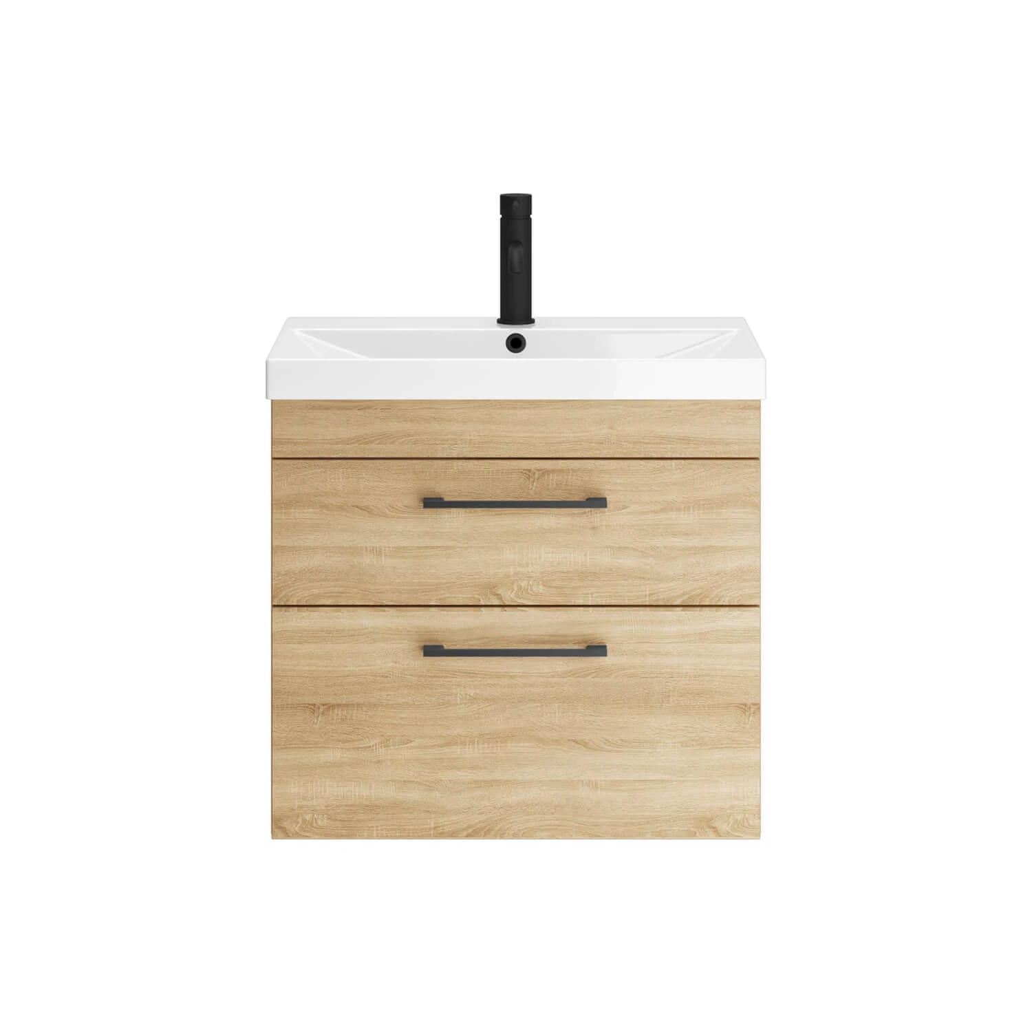 Emily 500mm Natural Oak Wall Mounted 2 Drawer Vanity Unit, Thin-Edged Basin, Matt Black Handles & Overflow 2 Emily 500mm Natural Oak Wall Mounted 2 Drawer Vanity Unit, Thin-Edged Basin, Matt Black Handles & Overflow - Image 2