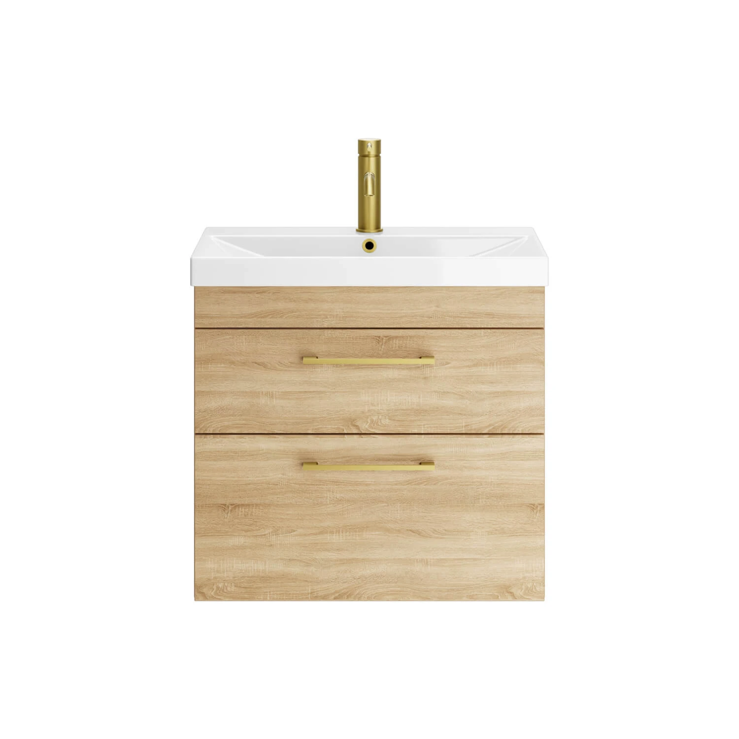Emily 600mm Natural Oak Wall Mounted 2 Drawer Vanity Unit, Thin-Edged Basin, Brushed Brass Handles & Overflow 2 Emily 600mm Natural Oak Wall Mounted 2 Drawer Vanity Unit, Thin-Edged Basin, Brushed Brass Handles & Overflow - Image 2