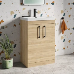 Emily 600mm Natural Oak Floorstanding 2 Door Vanity Unit, Thin-Edged Basin, Matt Black Handles & Overflow