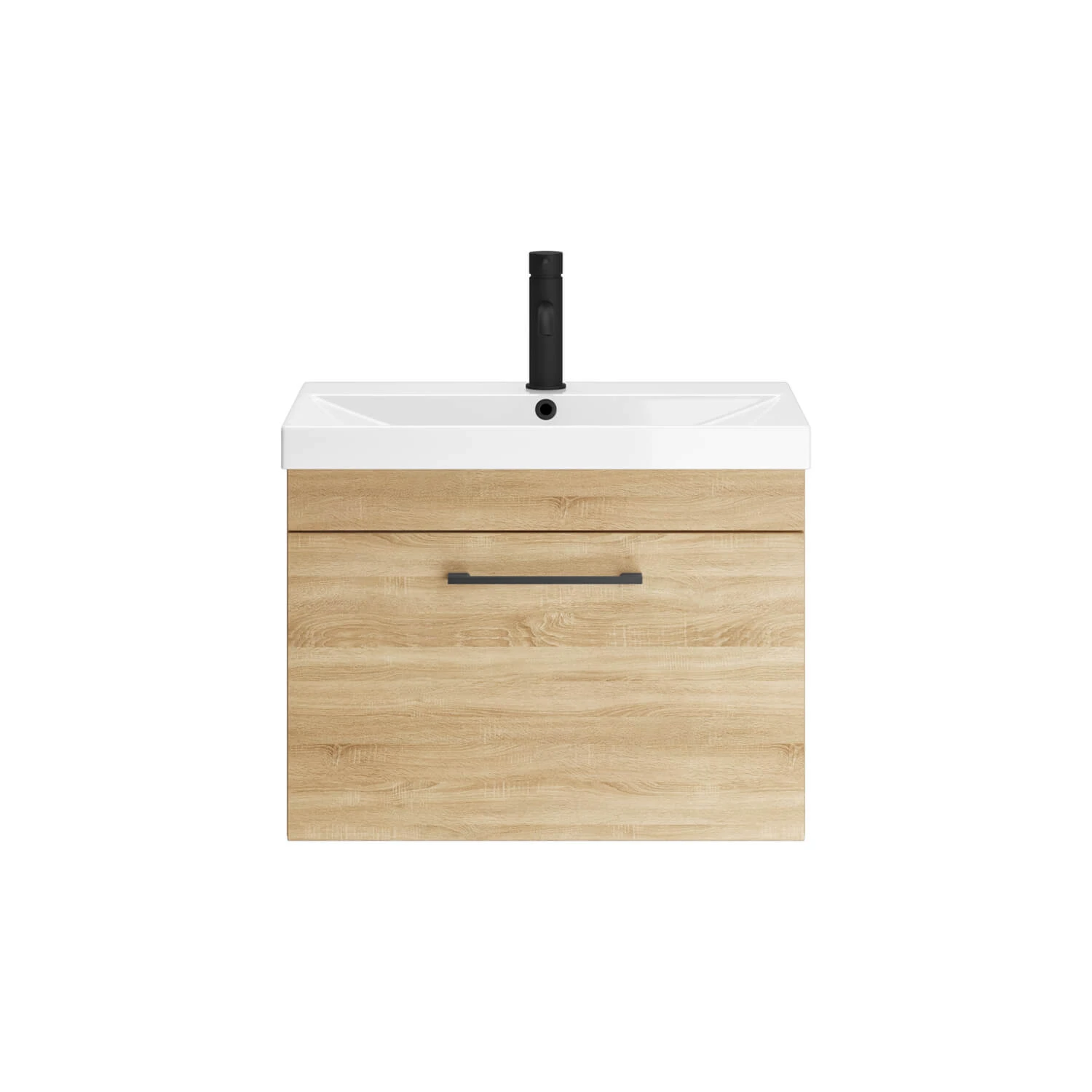 Emily 500mm Natural Oak Wall Mounted 1 Drawer Vanity Unit, Thin-Edged Basin, Matt Black Handle & Overflow 2 Emily 500mm Natural Oak Wall Mounted 1 Drawer Vanity Unit, Thin-Edged Basin, Matt Black Handle & Overflow - Image 2