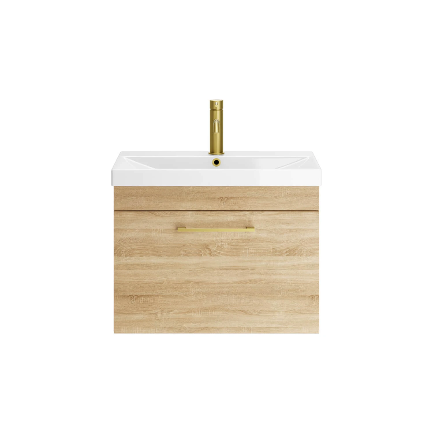 Emily 600mm Natural Oak Wall Mounted 1 Drawer Vanity Unit, Thin-Edged Basin, Brushed Brass Handle & Overflow 2 Emily 600mm Natural Oak Wall Mounted 1 Drawer Vanity Unit, Thin-Edged Basin, Brushed Brass Handle & Overflow - Image 2