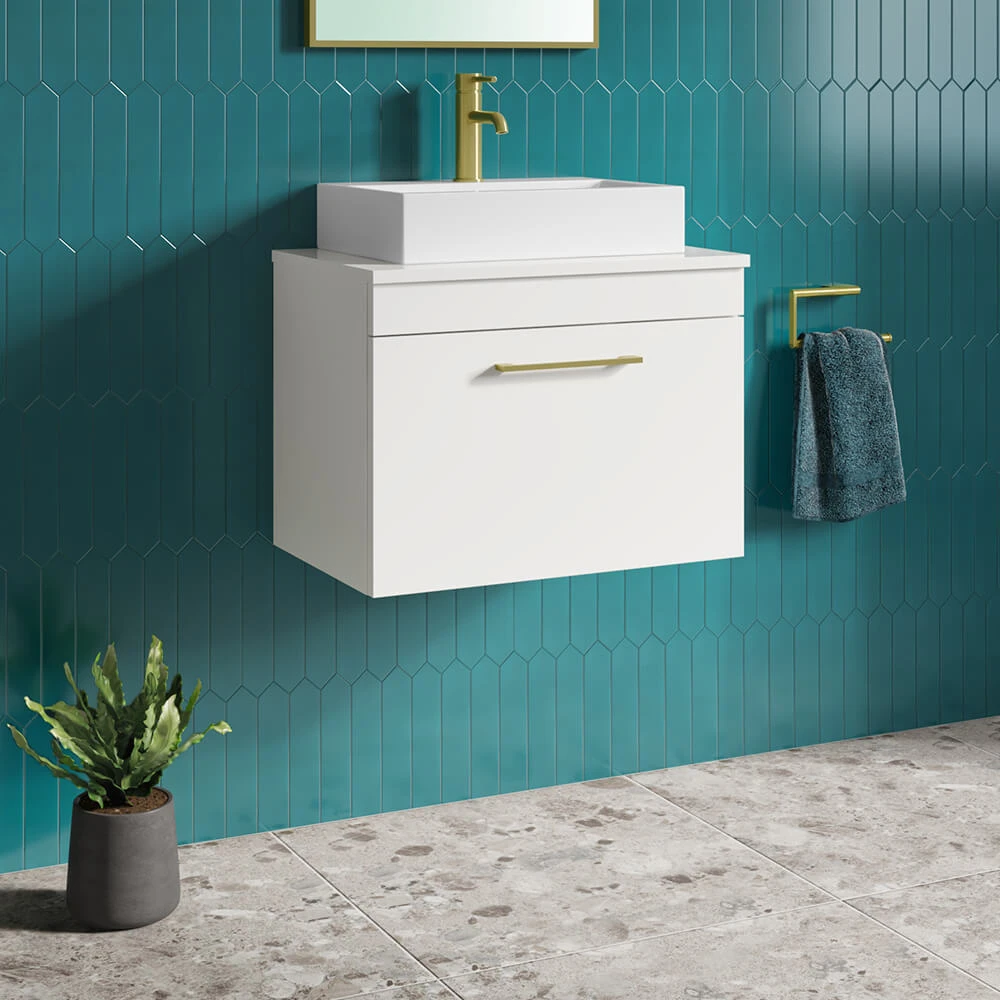 Emily 600mm Gloss White Wall Mounted 1 Drawer Vanity Unit With Brushed Brass Handle And Alana 460mm Countertop Basin 1 Emily 600mm Gloss White Wall Mounted 1 Drawer Vanity Unit With Brushed Brass Handle And Alana 460mm Countertop Basin