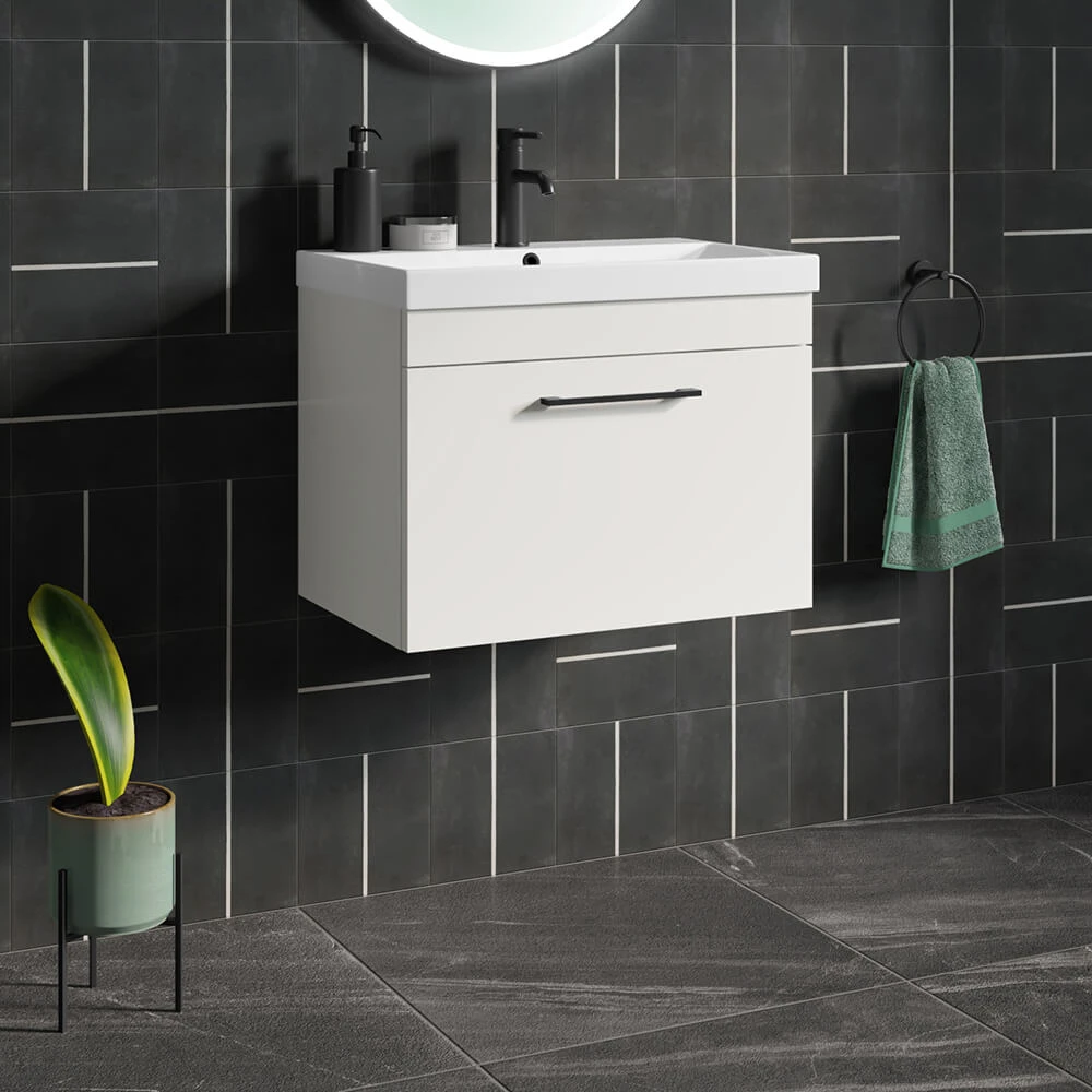 Emily 800mm Gloss White Wall Mounted 1 Drawer Vanity Unit, Thin-Edged Basin, Matt Black Handle & Overflow 1 Emily 800mm Gloss White Wall Mounted 1 Drawer Vanity Unit, Thin-Edged Basin, Matt Black Handle & Overflow
