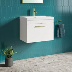 Emily 500mm Gloss White Wall Mounted 1 Drawer Vanity Unit, Thin-Edged Basin, Brushed Brass Handle & Overflow