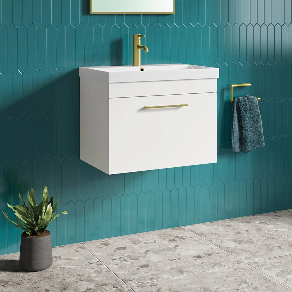Emily 500mm Gloss White Wall Mounted 1 Drawer Vanity Unit, Thin-Edged Basin, Brushed Brass Handle & Overflow 1 Emily 500mm Gloss White Wall Mounted 1 Drawer Vanity Unit, Thin-Edged Basin, Brushed Brass Handle & Overflow