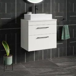 Emily 500mm Gloss White Wall Mounted 2 Drawer Vanity Unit And Countertop With Matt Black Handles