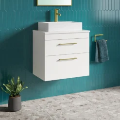 Emily 600mm Gloss White Wall Mounted 2 Drawer Vanity Unit And Countertop With Brushed Brass Handles