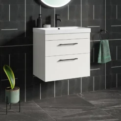 Emily 800mm Gloss White Wall Mounted 2 Drawer Vanity Unit, Thin-Edged Basin, Matt Black Handles & Overflow