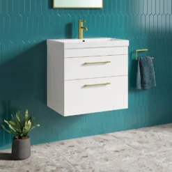Emily 800mm Gloss White Wall Mounted 2 Drawer Vanity Unit, Thin-Edged Basin, Brushed Brass Handles & Overflow