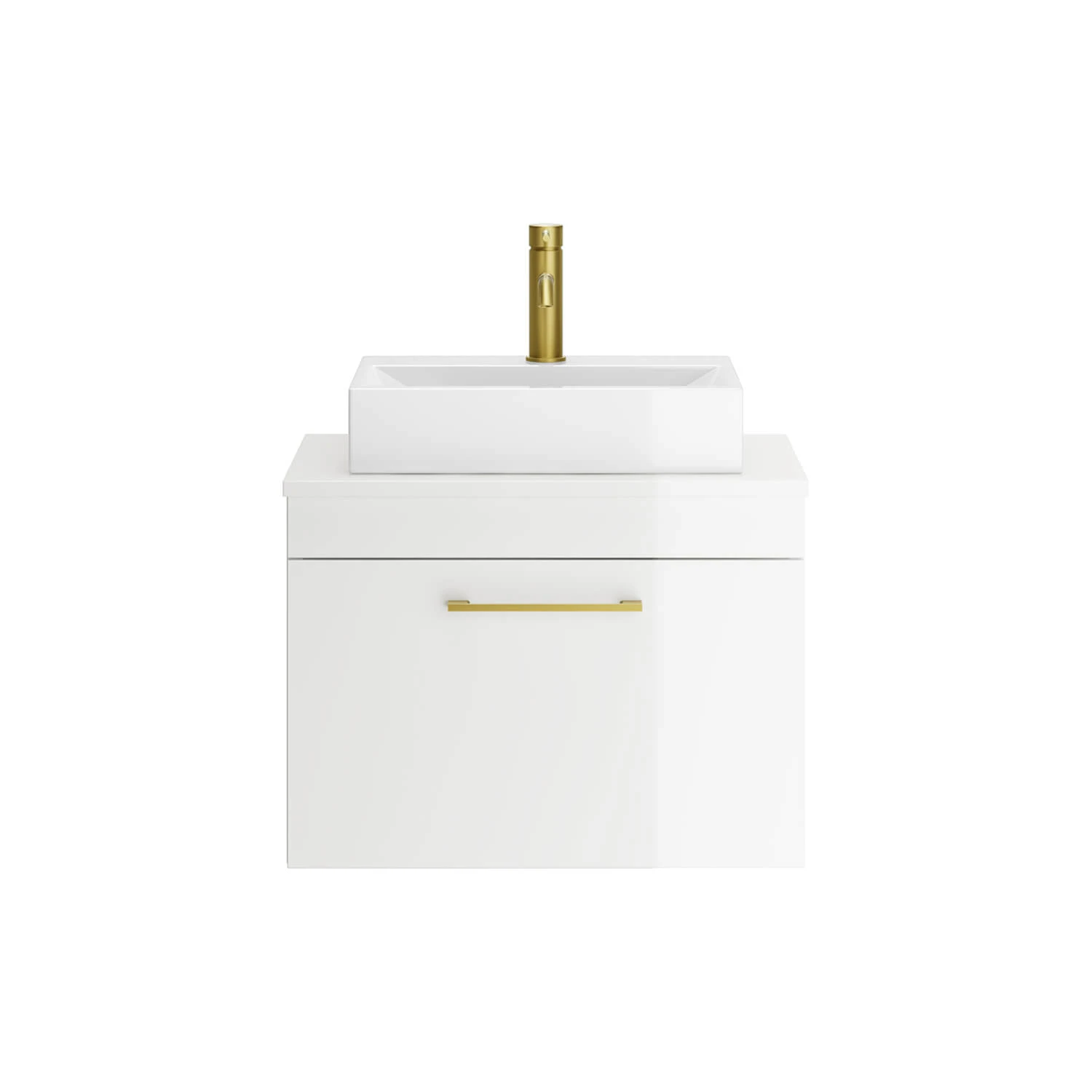 Emily 600mm Gloss White Wall Mounted 1 Drawer Vanity Unit With Brushed Brass Handle And Alana 460mm Countertop Basin 2 Emily 600mm Gloss White Wall Mounted 1 Drawer Vanity Unit With Brushed Brass Handle And Alana 460mm Countertop Basin - Image 2