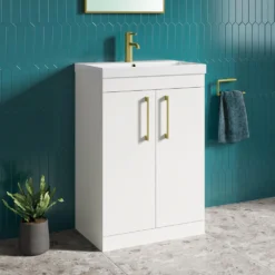 Emily 600mm Gloss White Floorstanding 2 Door Vanity Unit, Thin-Edged Basin, Brushed Brass Handles & Overflow