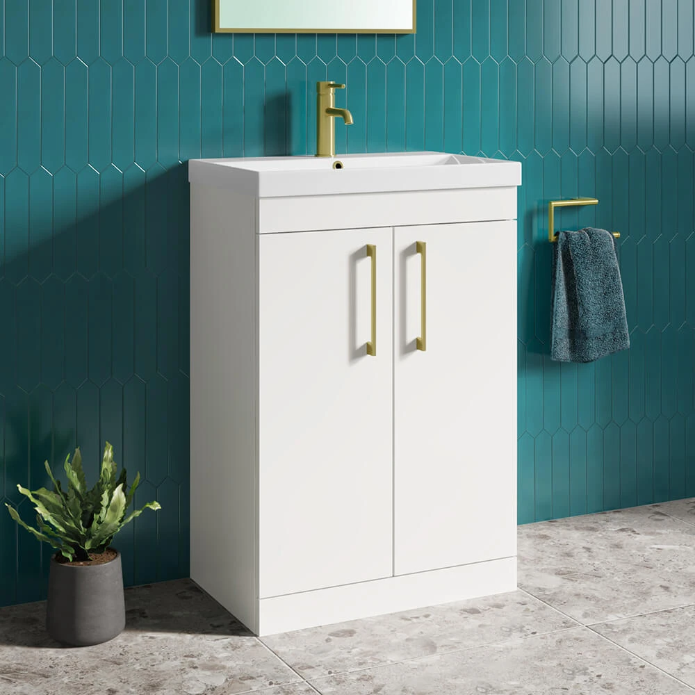 Emily 600mm Gloss White Floorstanding 2 Door Vanity Unit, Thin-Edged Basin, Brushed Brass Handles & Overflow 1 Emily 600mm Gloss White Floorstanding 2 Door Vanity Unit, Thin-Edged Basin, Brushed Brass Handles & Overflow