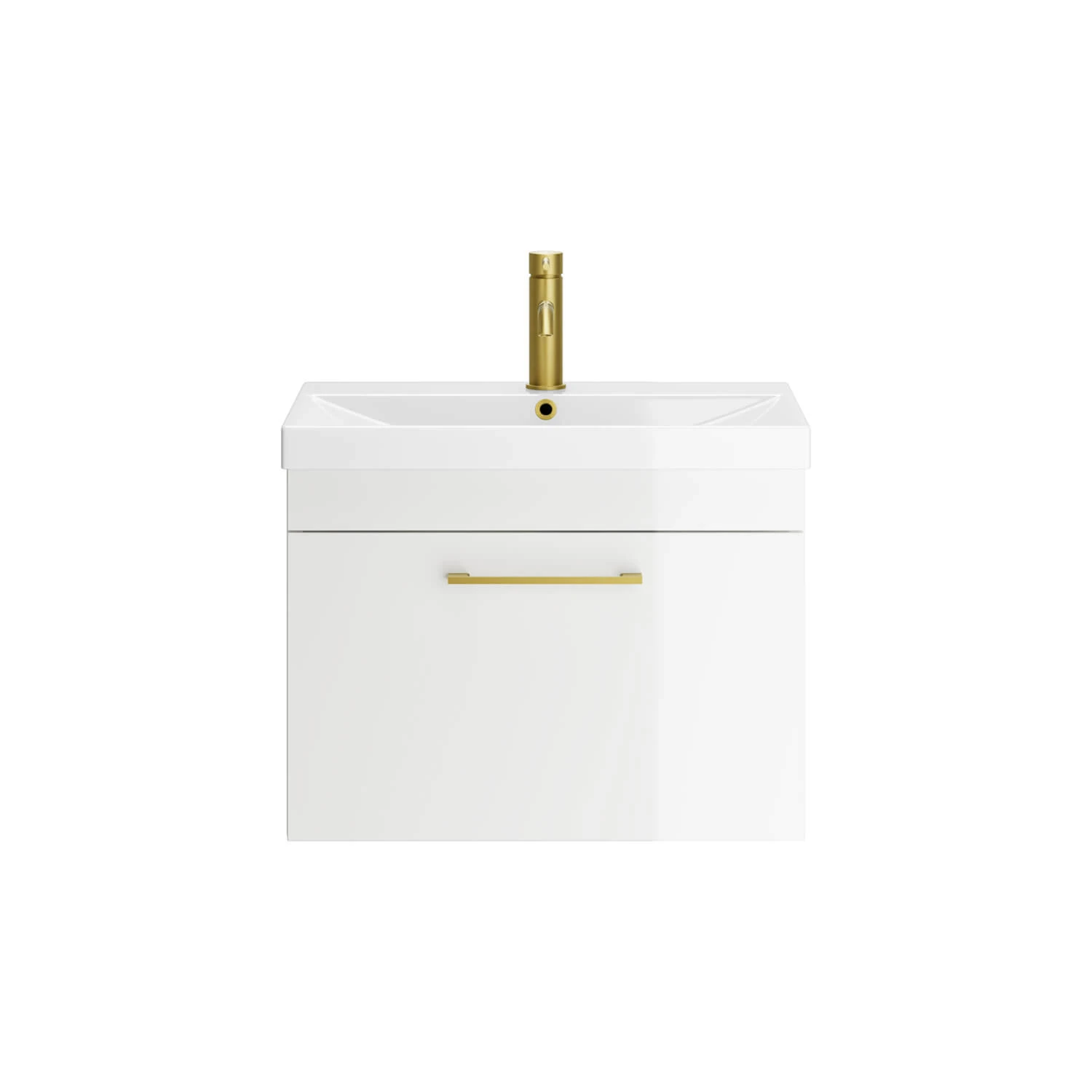 Emily 500mm Gloss White Wall Mounted 1 Drawer Vanity Unit, Thin-Edged Basin, Brushed Brass Handle & Overflow 2 Emily 500mm Gloss White Wall Mounted 1 Drawer Vanity Unit, Thin-Edged Basin, Brushed Brass Handle & Overflow - Image 2