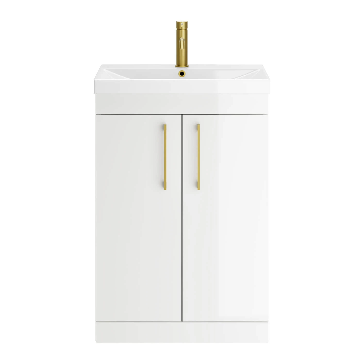 Emily 600mm Gloss White Floorstanding 2 Door Vanity Unit, Thin-Edged Basin, Brushed Brass Handles & Overflow 2 Emily 600mm Gloss White Floorstanding 2 Door Vanity Unit, Thin-Edged Basin, Brushed Brass Handles & Overflow - Image 2