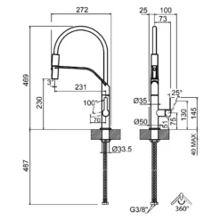 Gessi Mesh Single Lever Mono Kitchen Mixer With Woven Metal Pull Down Spout And Double Jet Spray - Brushed Nickel 7 Gessi Mesh Single Lever Mono Kitchen Mixer With Woven Metal Pull Down Spout And Double Jet Spray - Brushed Nickel -Vado Shop gessi mesh pull out kitchen tap tech drawing