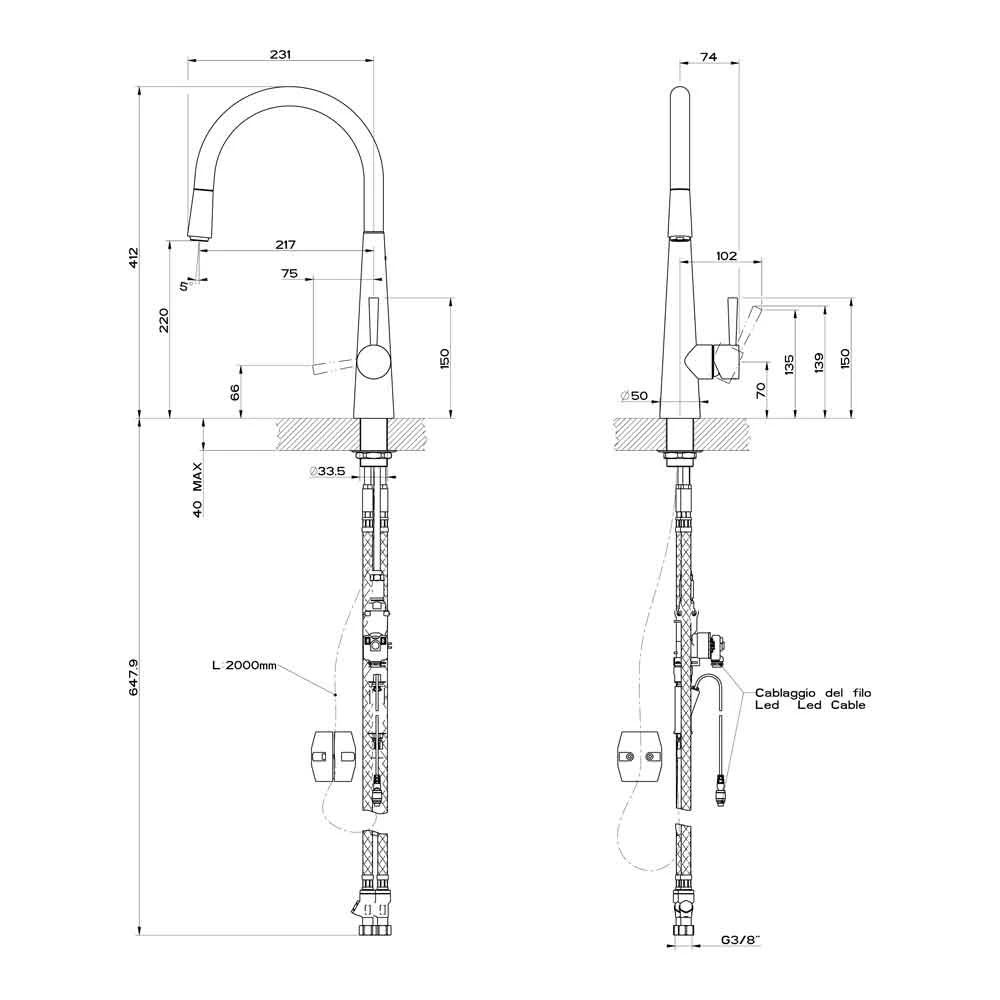 Gessi Just Mono Kitchen Mixer With Swivel Spout & Pull Out Spray - Coloured LED - Brushed Steel 6 Gessi Just Mono Kitchen Mixer With Swivel Spout & Pull Out Spray - Coloured LED - Brushed Steel - Image 6