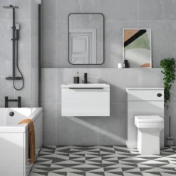 Harbour Status 600mm Wall Hung Vanity Unit & Basin - Gloss White With Matt Black Handle 14 Harbour Status 600mm Wall Hung Vanity Unit & Basin - Gloss White With Matt Black Handle -Vado Shop harbou status 600mm gloss white vanity unit black handle lifestyle