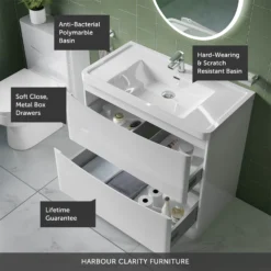 Harbour Clarity 900mm Floorstanding Vanity Unit & Basin - Gloss White -Vado Shop harbour clarity 900 floorstanding unit white callout
