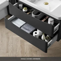 Harbour Clarity 900mm Wall Mounted Vanity Unit & Countertop - Bardolino Driftwood Oak -Vado Shop harbour clarity 900mm wall hung vanity unit matt graphite grey drawers bottom banner