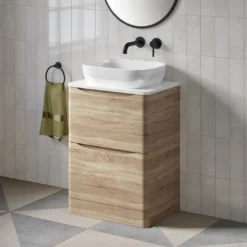 Harbour Clarity 600mm Floorstanding Vanity Unit & Countertop - Matt Graphite Grey - Vellamo 460mm Basin -Vado Shop harbour clarity driftwood oak 600mm floorstanding countertop vanity unit lifestyle