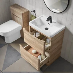 Harbour Clarity 600mm Floorstanding Vanity Unit & Basin - Bardolino Driftwood Oak 13 Harbour Clarity 600mm Floorstanding Vanity Unit & Basin - Bardolino Driftwood Oak -Vado Shop harbour clarity driftwood oak 600mm floorstanding vanity unit internal lifestyle