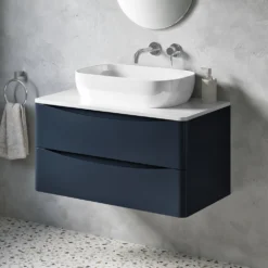 Harbour Clarity 900mm Wall Mounted Vanity Unit & Countertop - Bardolino Driftwood Oak -Vado Shop harbour clarity indigo blue 900mm countetop wallhung vanity unit lifestyle