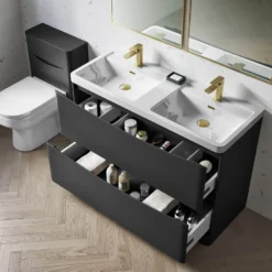 Harbour Clarity 1200mm Floorstanding Vanity Unit & Double Basin - Gloss White 10 Harbour Clarity 1200mm Floorstanding Vanity Unit & Double Basin - Gloss White -Vado Shop harbour clarity matt graphitegrey 1200mm floorstanding vanity unit internal lifestyle