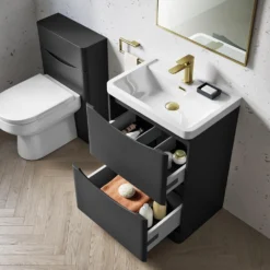 Harbour Clarity 600mm Floorstanding Vanity Unit & Basin - Bardolino Driftwood Oak 12 Harbour Clarity 600mm Floorstanding Vanity Unit & Basin - Bardolino Driftwood Oak -Vado Shop harbour clarity matt graphitegrey 600mm floorstanding vanity unit internal lifestyle