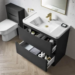 Harbour Clarity 900mm Floorstanding Vanity Unit & Basin - Gloss White -Vado Shop harbour clarity matt graphitegrey 900mm floorstanding vanity unit internal lifestyle