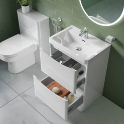 Harbour Clarity 600mm Floorstanding Vanity Unit & Basin - Bardolino Driftwood Oak 11 Harbour Clarity 600mm Floorstanding Vanity Unit & Basin - Bardolino Driftwood Oak -Vado Shop harbour clarity white gloss 600mm floorstanding vanity unit internal lifestyle